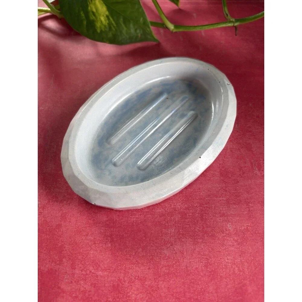Handmade Soap Dish Cement Soap Holder Oval Bathroom Kitchen Marbled Blue